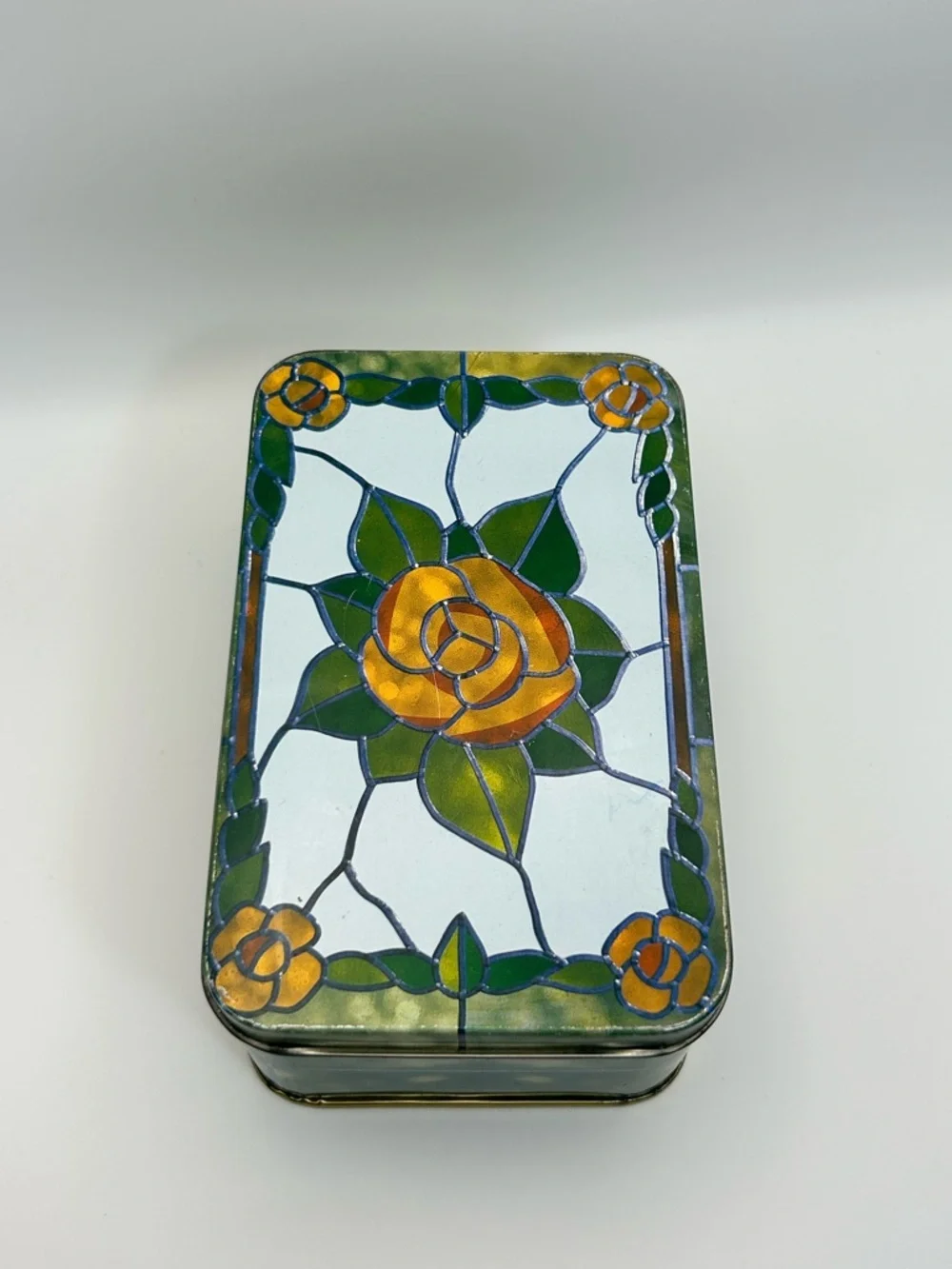 Vintage Stained glass Rose Tin Rectangular Storage Box Green White Orange Yellow